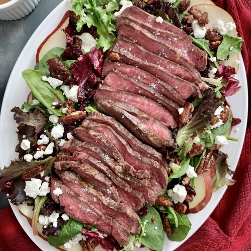 Flat iron steak salad with honey balsamic dressing